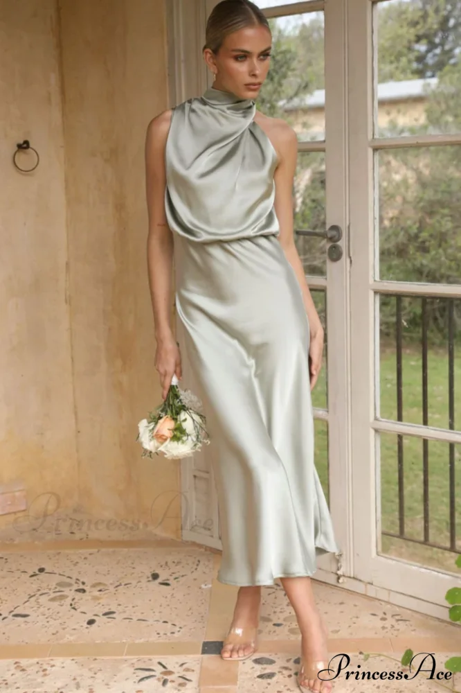 Halter Sleeveless Stylish Satin Bridesmaid Dress - Image 2
