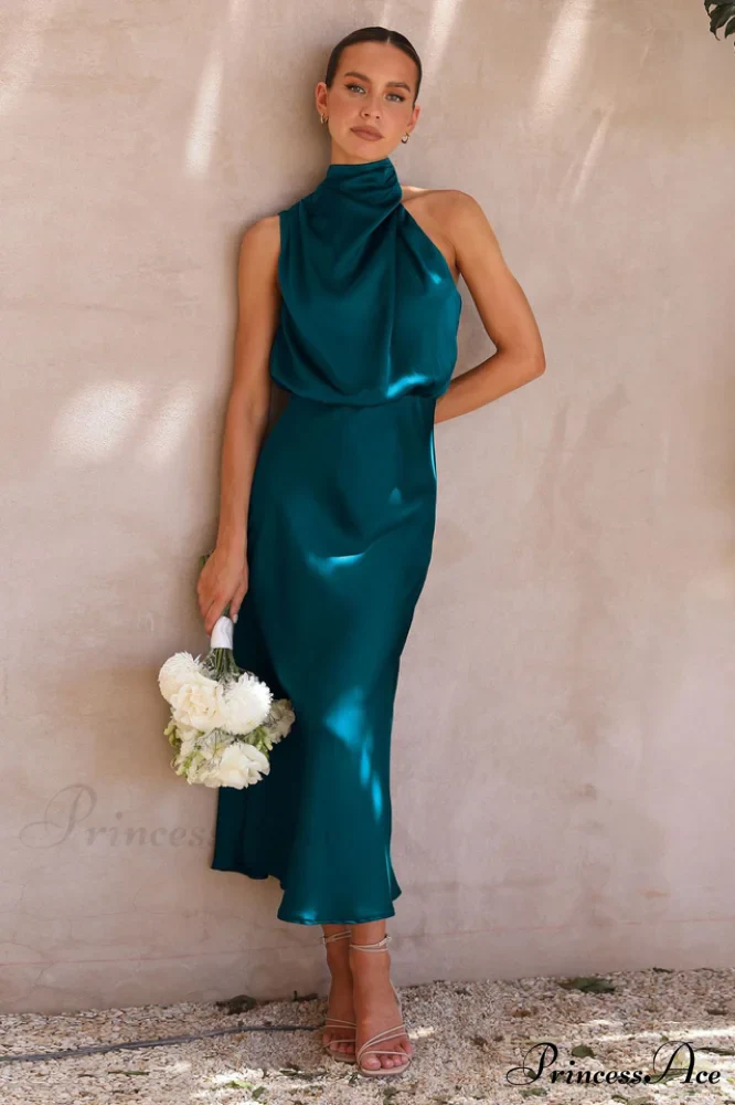 Halter Sleeveless Stylish Satin Bridesmaid Dress - Image 29