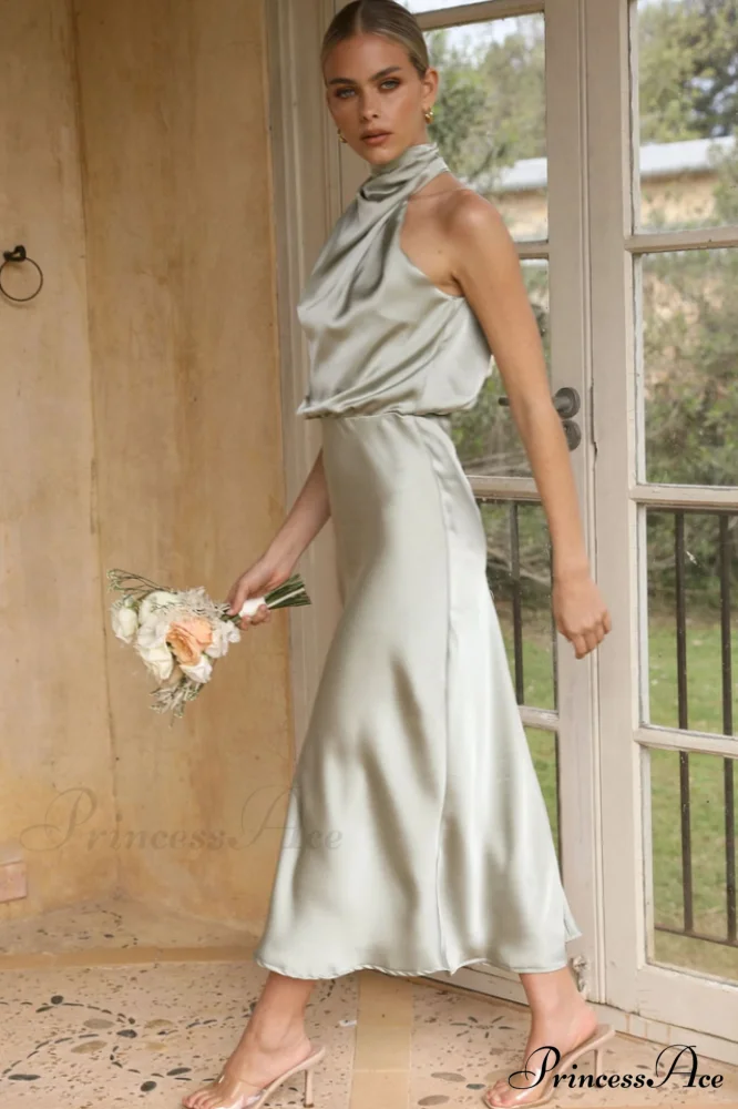Halter Sleeveless Stylish Satin Bridesmaid Dress - Image 3