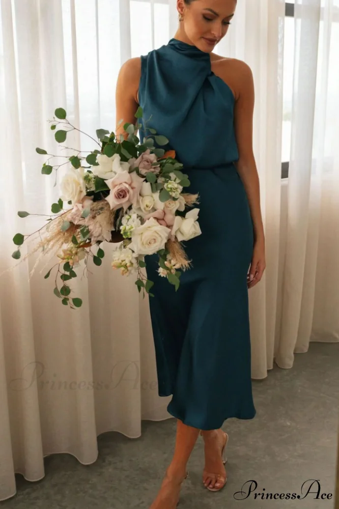 Halter Sleeveless Stylish Satin Bridesmaid Dress - Image 30