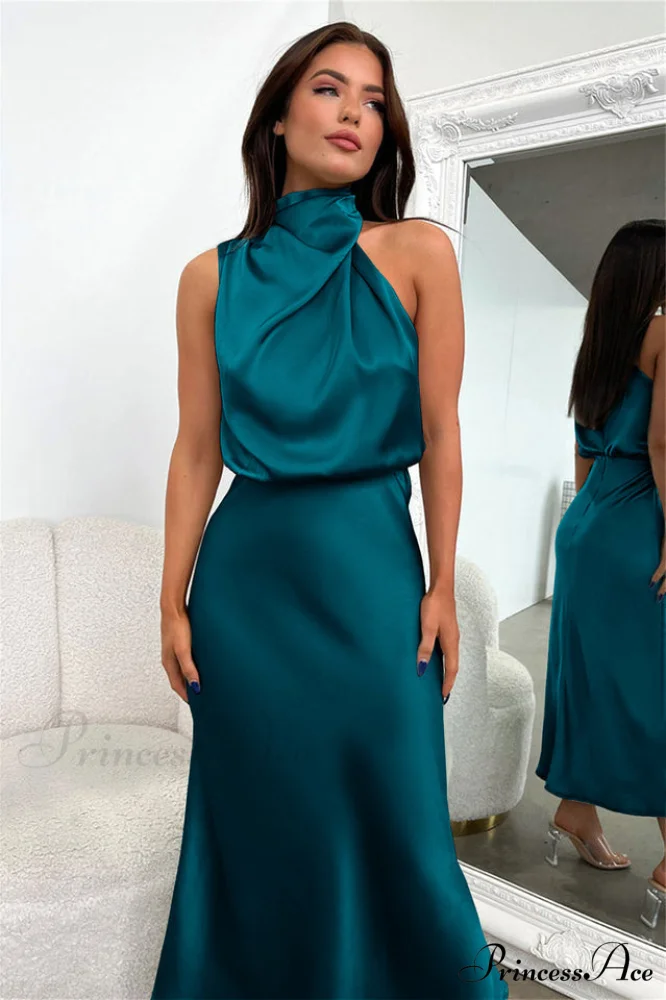 Halter Sleeveless Stylish Satin Bridesmaid Dress - Image 33