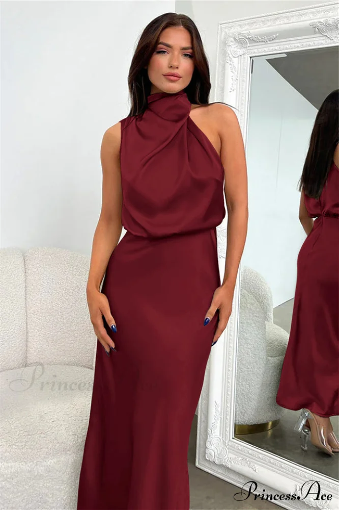 Halter Sleeveless Stylish Satin Bridesmaid Dress - Image 39