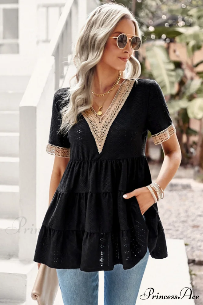 Contrast Short Stylish Sleeve Tiered Blouse - Image 12