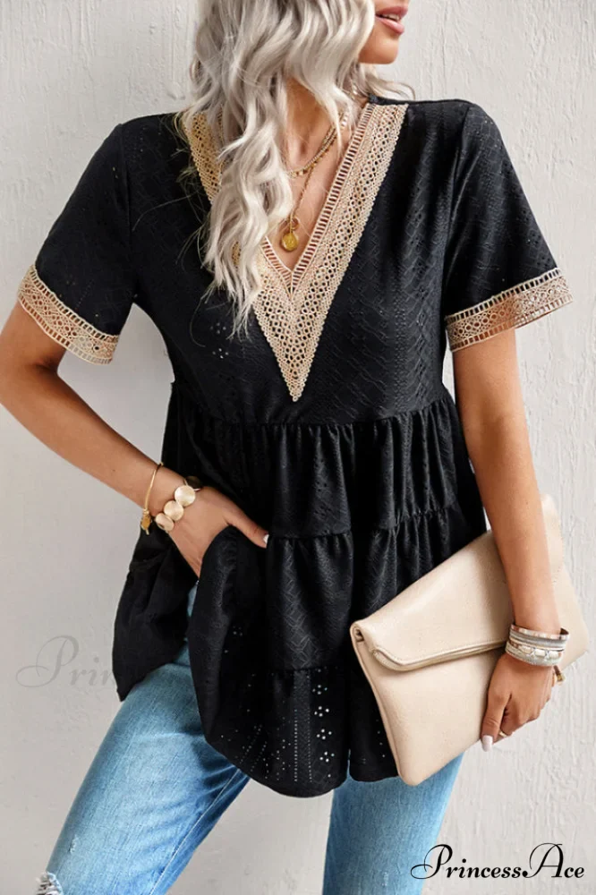 Contrast Short Stylish Sleeve Tiered Blouse - Image 13