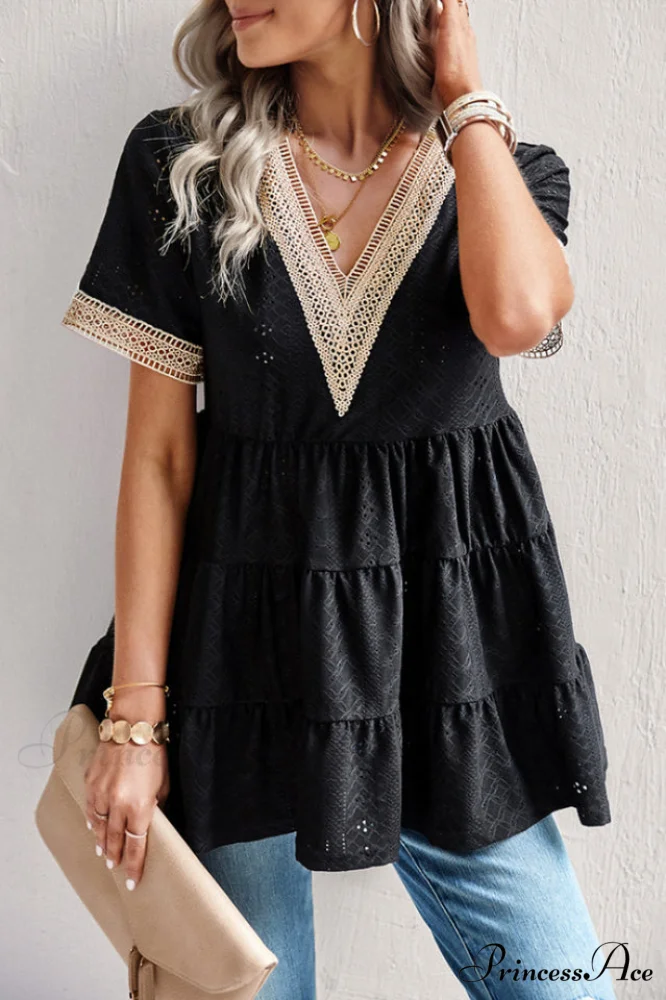 Contrast Short Stylish Sleeve Tiered Blouse - Image 14