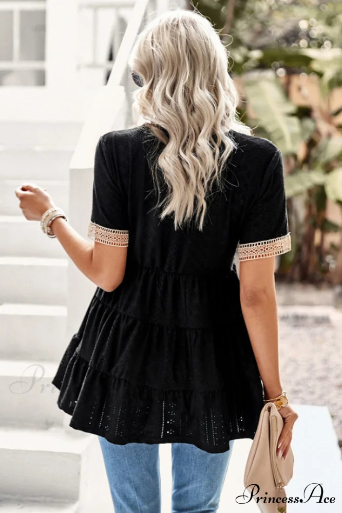 Contrast Short Stylish Sleeve Tiered Blouse - Image 15