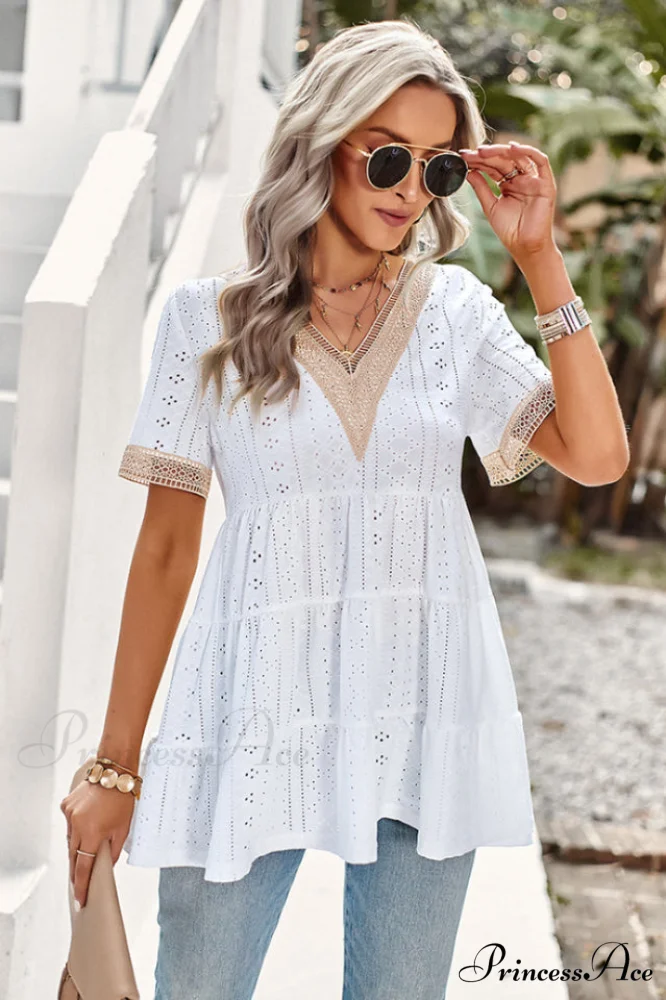 Contrast Short Stylish Sleeve Tiered Blouse - Image 5