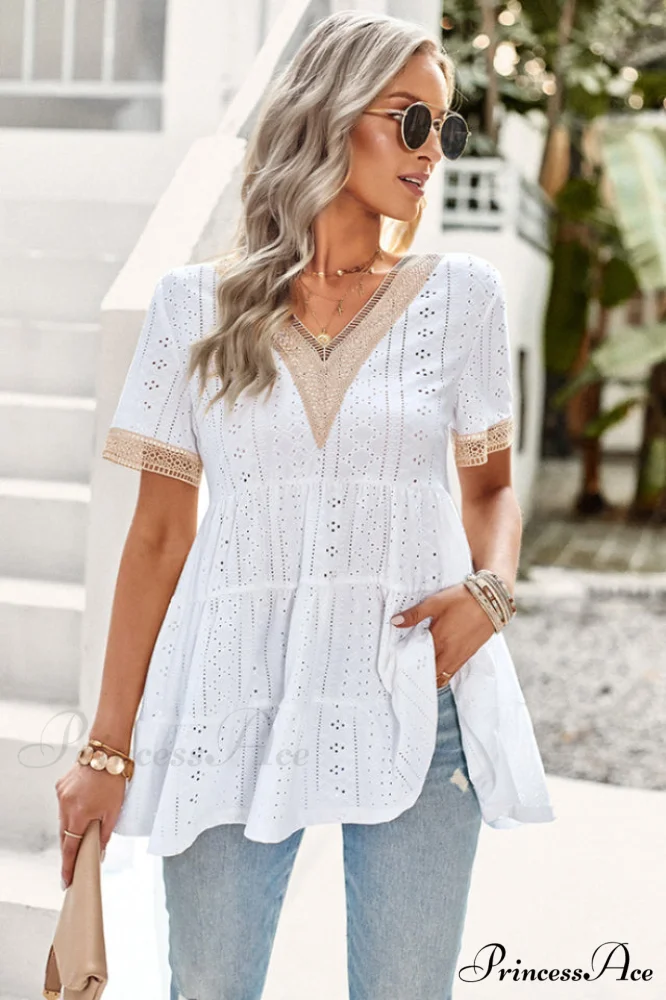 Contrast Short Stylish Sleeve Tiered Blouse - Image 6