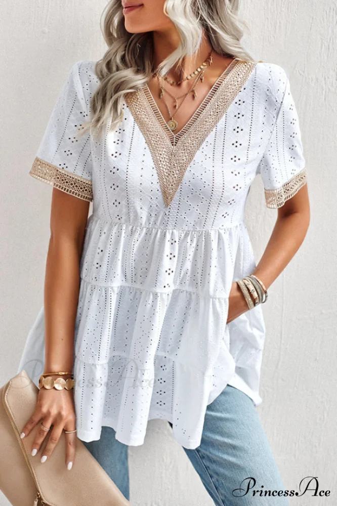 Contrast Short Stylish Sleeve Tiered Blouse - Image 7