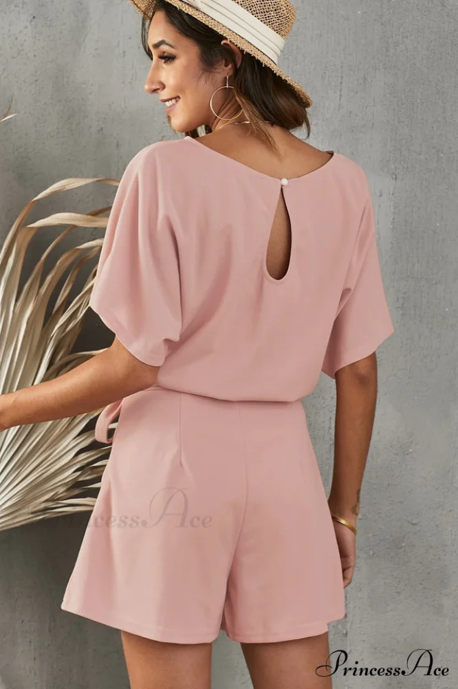 Elaine Tie Belt Charming Short Sleeve Romper - Image 2