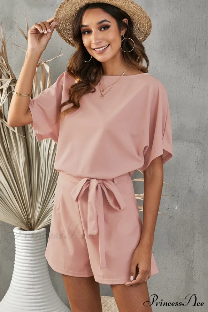 Elaine Tie Belt Charming Short Sleeve Romper - Image 4