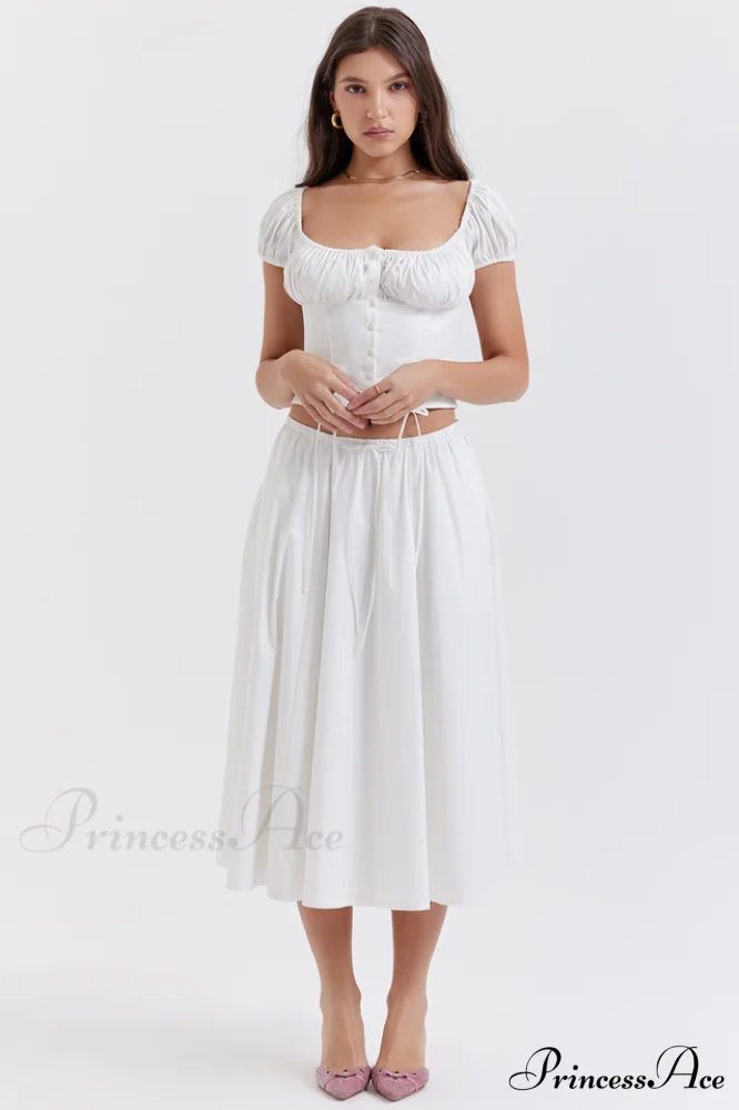 Cora White Gathered Charming Top + Skirt Set - Image 2