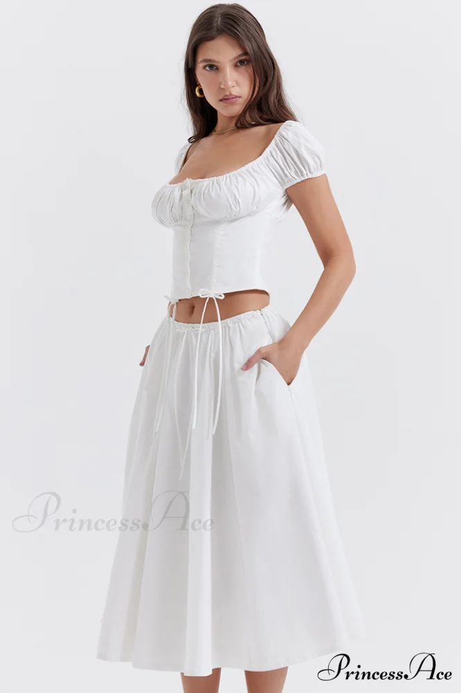 Cora White Gathered Charming Top + Skirt Set - Image 4