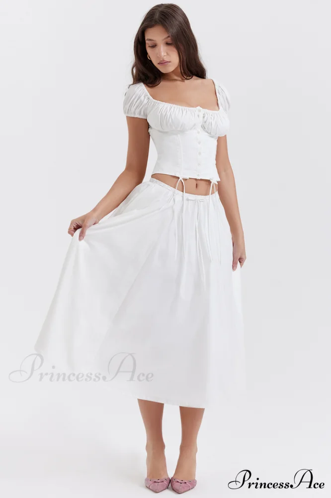 Cora White Gathered Charming Top + Skirt Set - Image 7