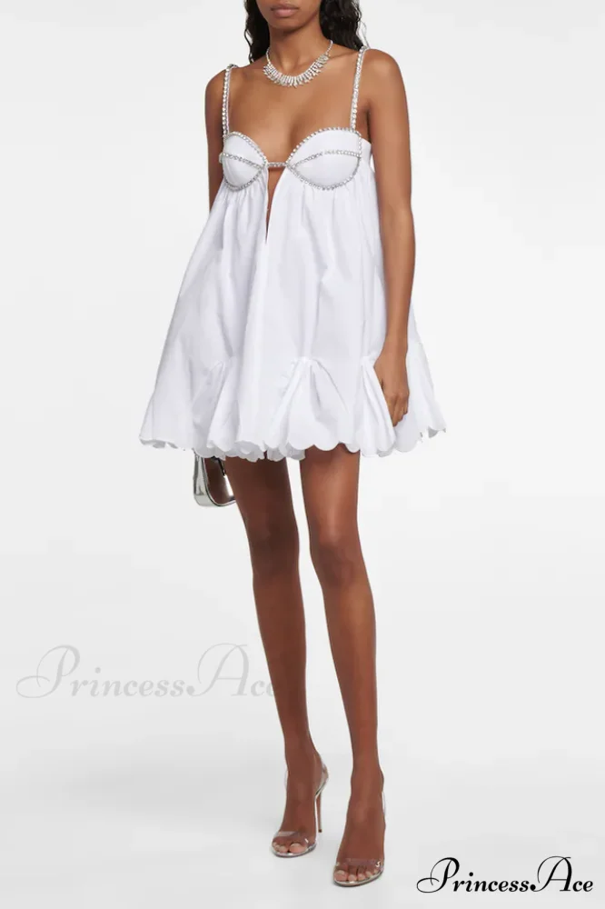 Crystal Trimmed Stylish Scallop Mini Dress - Image 4