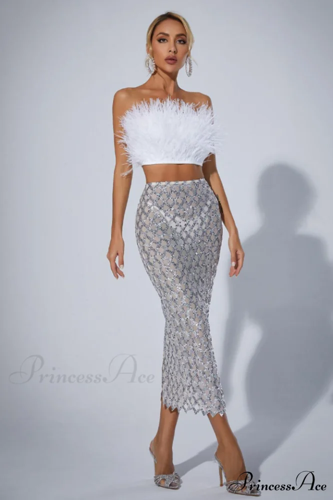 Ansley Strapless Feather Charming Mesh Skirt Set - Image 4