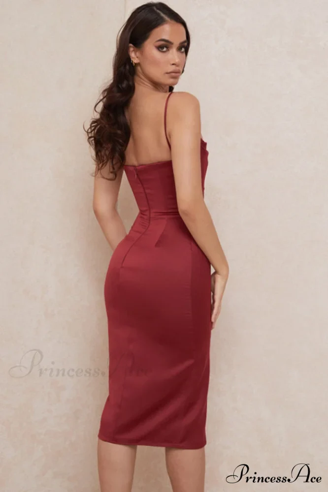 Anja Wine Satin Charming Corset Midi Dress - Image 2
