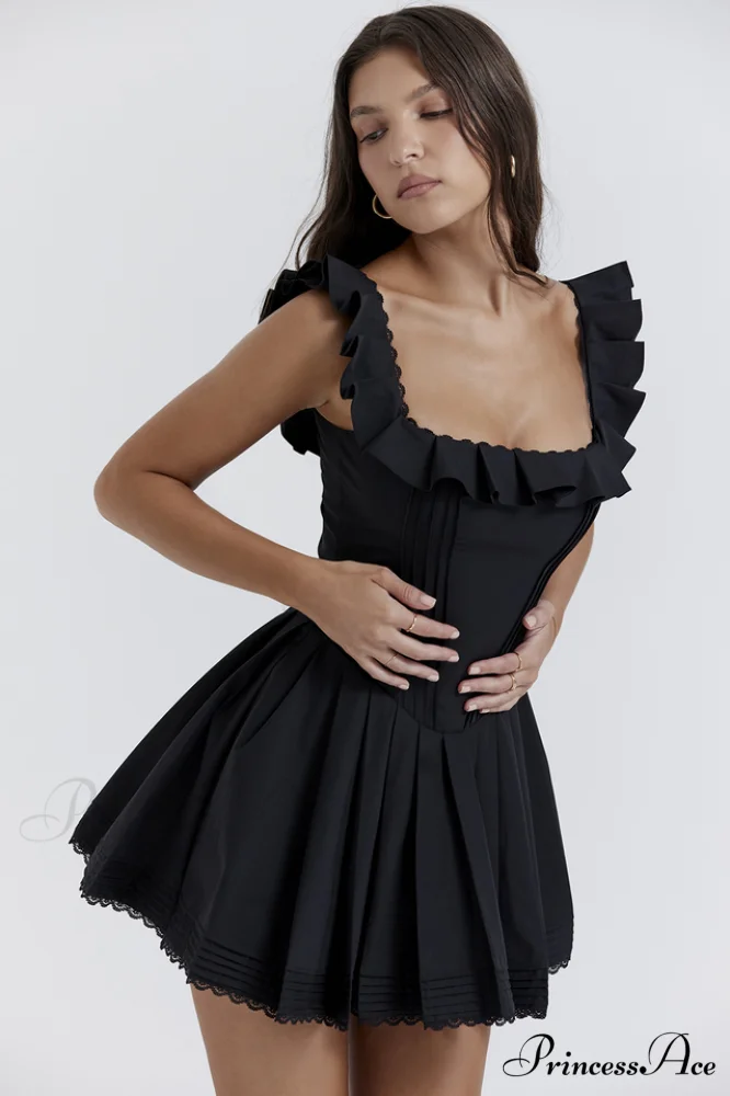 Jemima Black Pin Charming Tuck Pleated Dress - Image 2