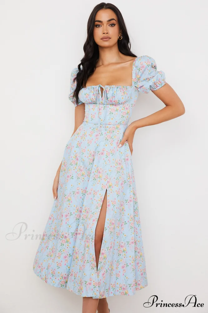 Blue And Pink Charming Vintage Print Midi Skirt - Image 2