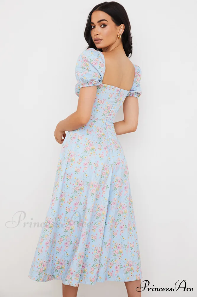 Blue And Pink Charming Vintage Print Midi Skirt - Image 5