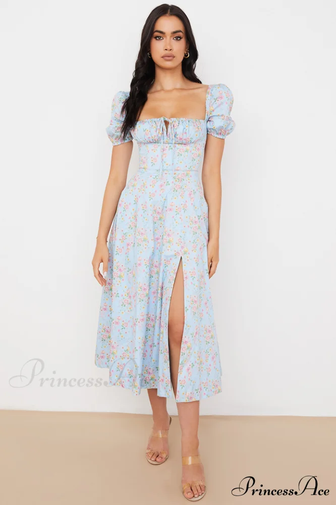 Blue And Pink Charming Vintage Print Midi Skirt - Image 7