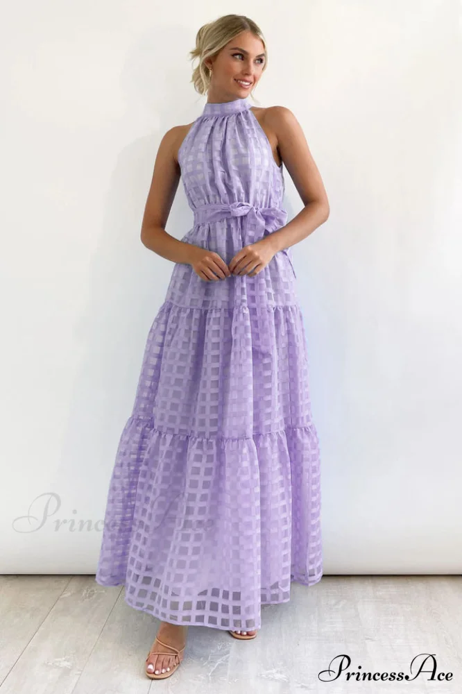 Check Halter Neck Charming Tie Waist Maxi Dress - Image 10