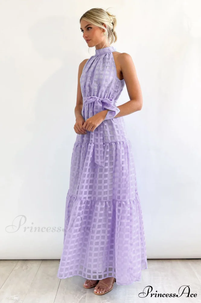 Check Halter Neck Charming Tie Waist Maxi Dress - Image 11