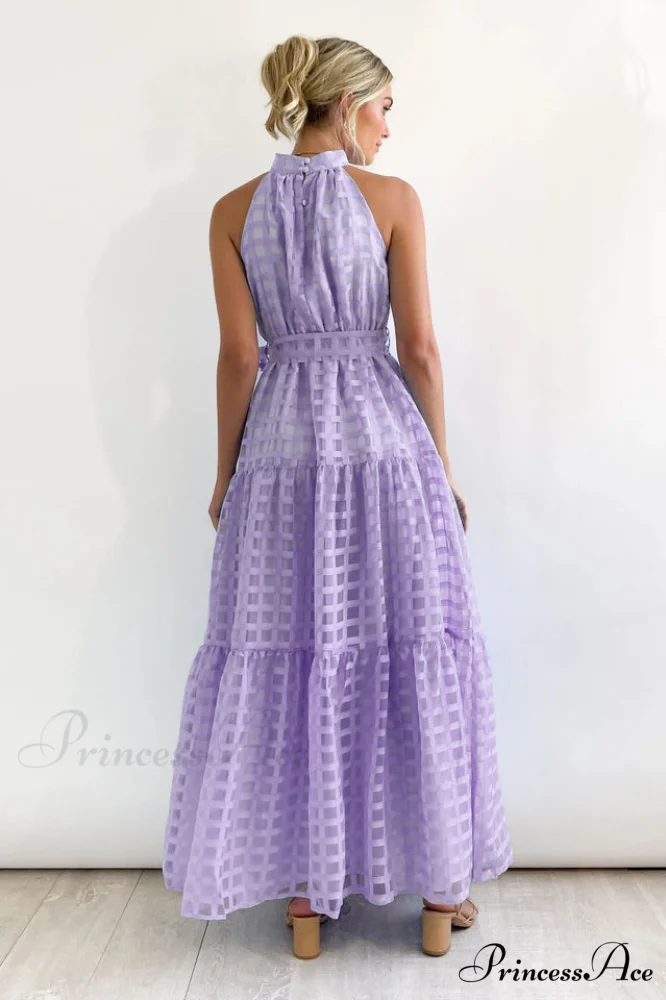 Check Halter Neck Charming Tie Waist Maxi Dress - Image 12