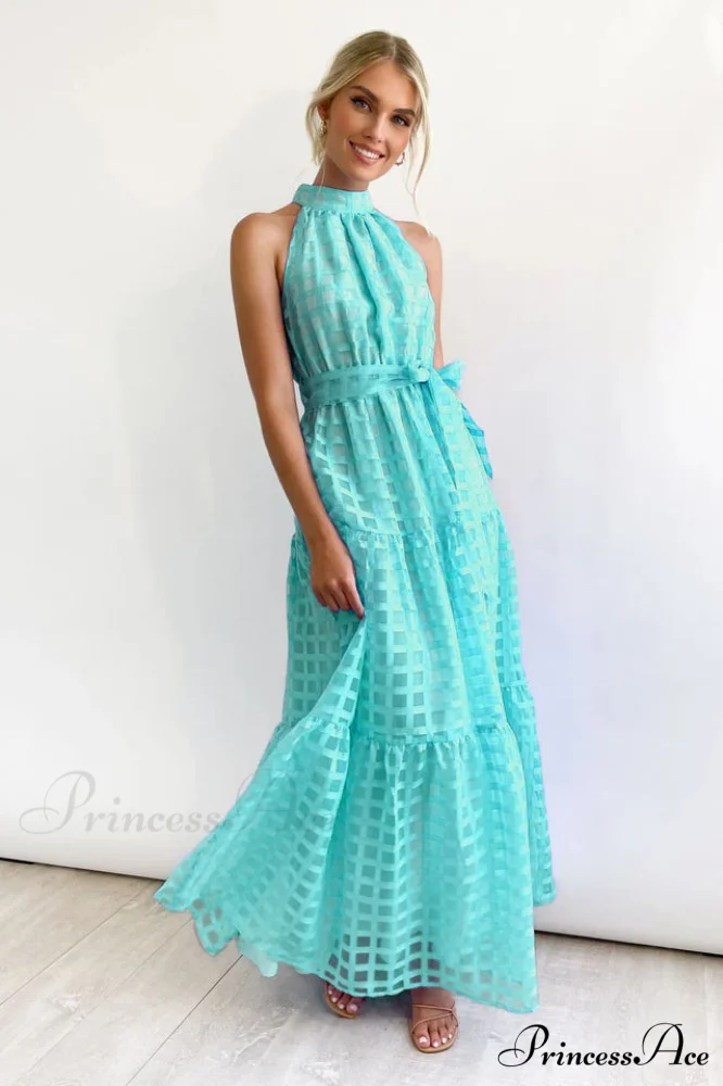 Check Halter Neck Charming Tie Waist Maxi Dress - Image 13