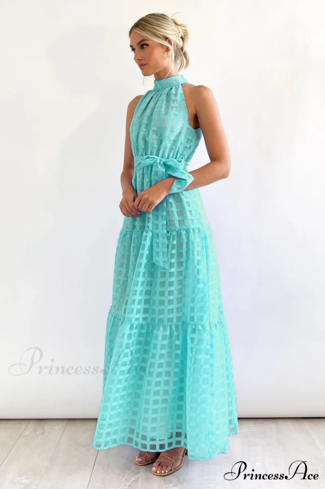 Check Halter Neck Charming Tie Waist Maxi Dress - Image 14