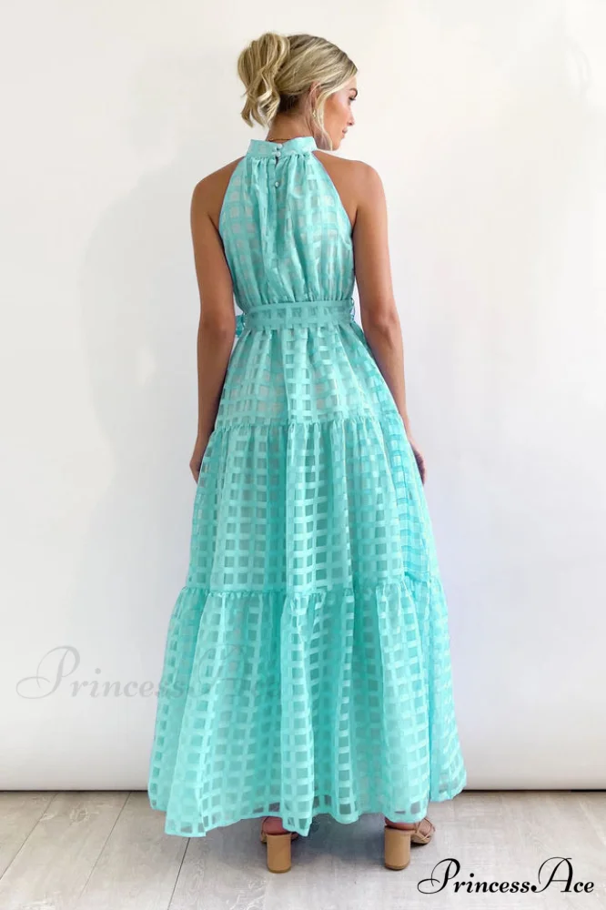 Check Halter Neck Charming Tie Waist Maxi Dress - Image 15