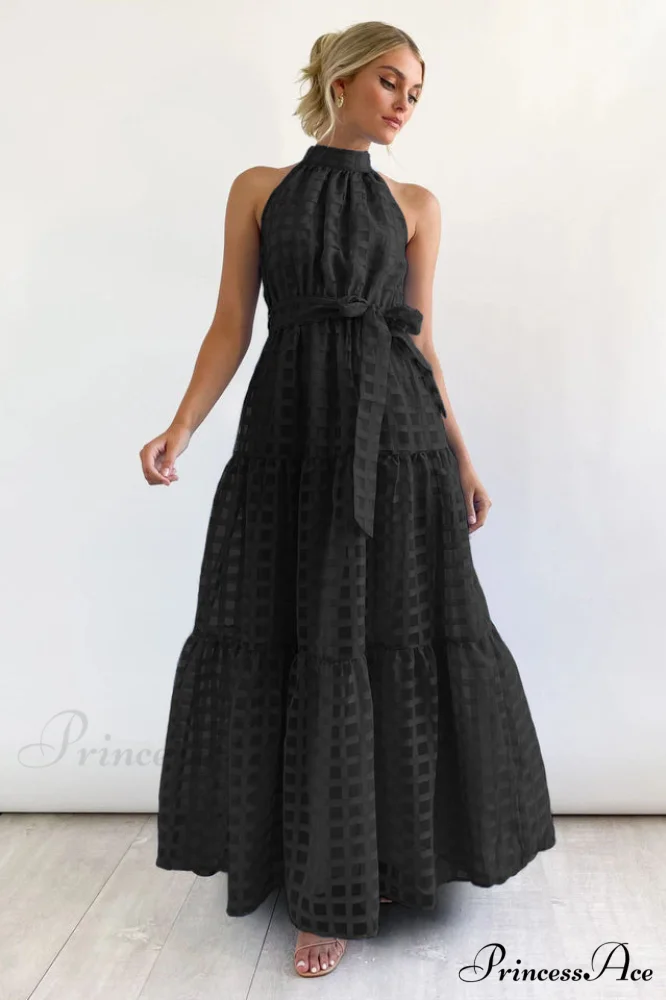 Check Halter Neck Charming Tie Waist Maxi Dress - Image 16