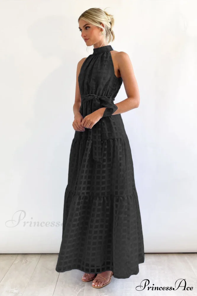 Check Halter Neck Charming Tie Waist Maxi Dress - Image 17