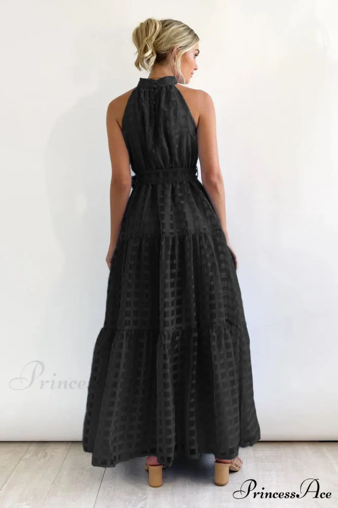 Check Halter Neck Charming Tie Waist Maxi Dress - Image 18
