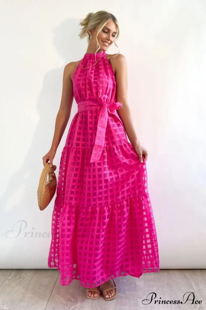 Check Halter Neck Charming Tie Waist Maxi Dress - Image 19