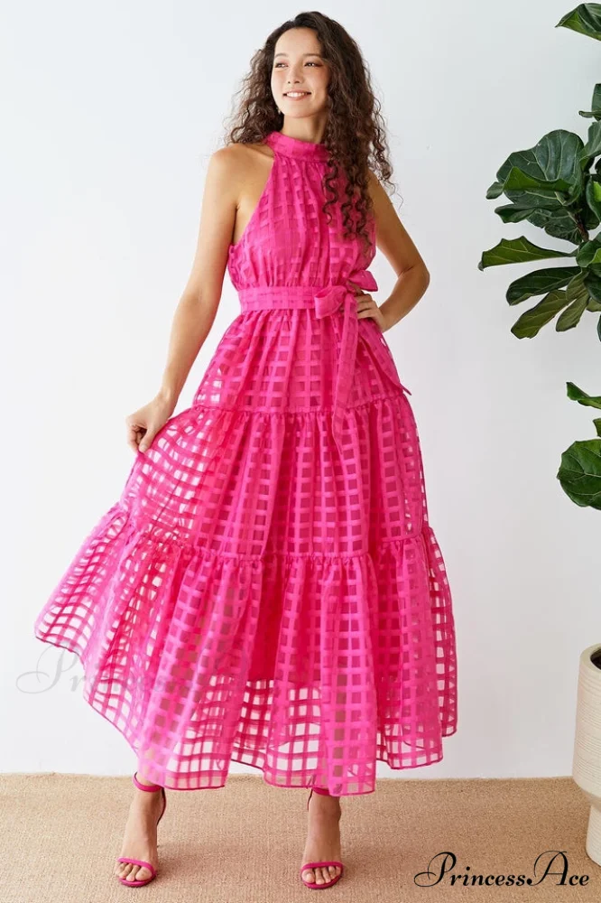 Check Halter Neck Charming Tie Waist Maxi Dress - Image 2