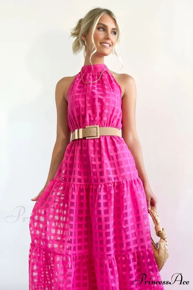 Check Halter Neck Charming Tie Waist Maxi Dress - Image 20