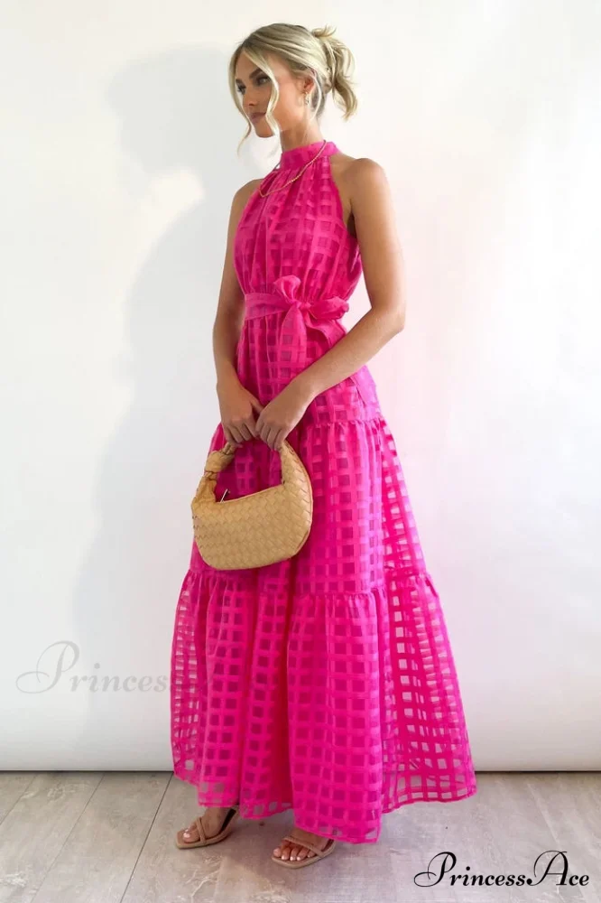 Check Halter Neck Charming Tie Waist Maxi Dress - Image 21