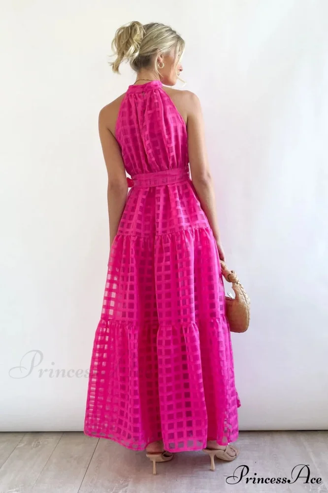 Check Halter Neck Charming Tie Waist Maxi Dress - Image 22