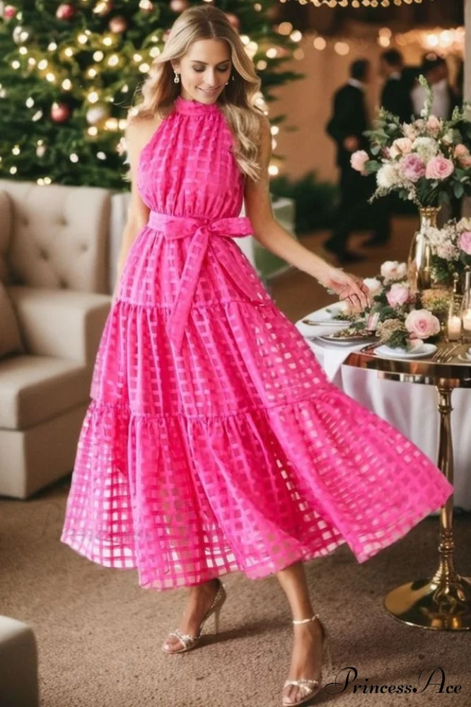 Check Halter Neck Charming Tie Waist Maxi Dress - Image 3