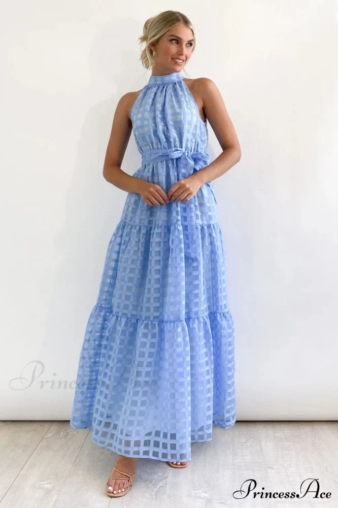 Check Halter Neck Charming Tie Waist Maxi Dress - Image 4