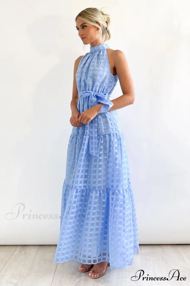 Check Halter Neck Charming Tie Waist Maxi Dress - Image 5