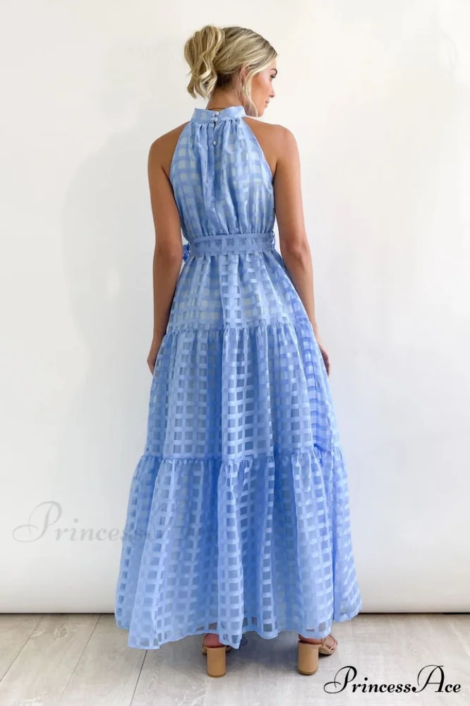 Check Halter Neck Charming Tie Waist Maxi Dress - Image 6