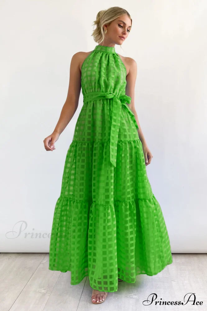 Check Halter Neck Charming Tie Waist Maxi Dress - Image 7