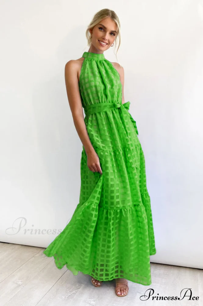 Check Halter Neck Charming Tie Waist Maxi Dress - Image 8