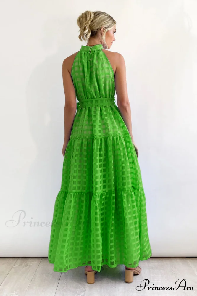Check Halter Neck Charming Tie Waist Maxi Dress - Image 9