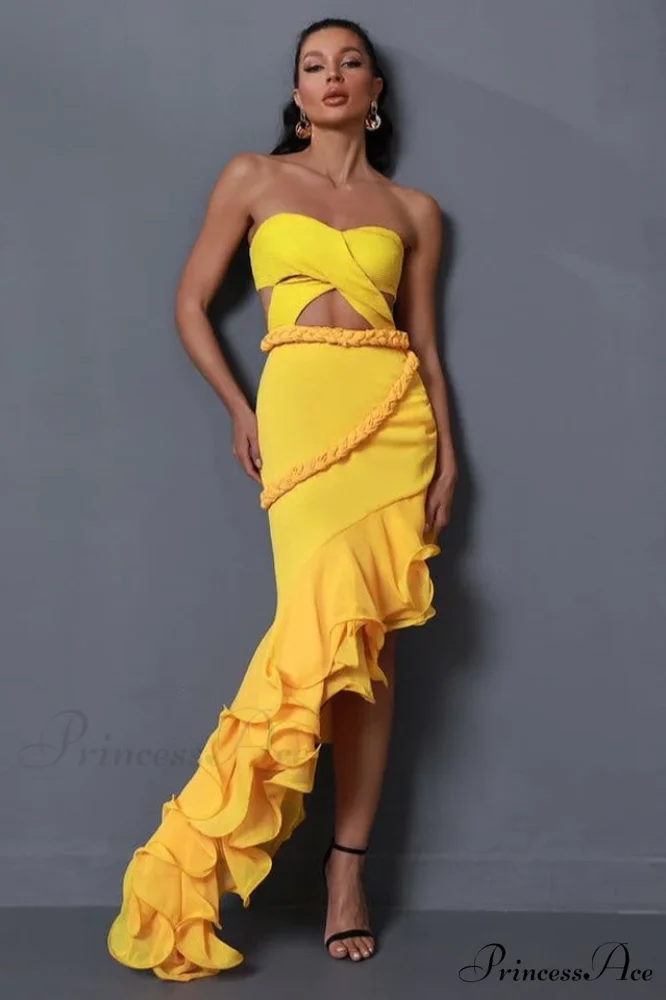 Fleur Yellow Stylish Strapless Cutout Gown - Image 2