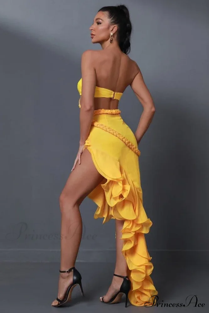 Fleur Yellow Stylish Strapless Cutout Gown - Image 3