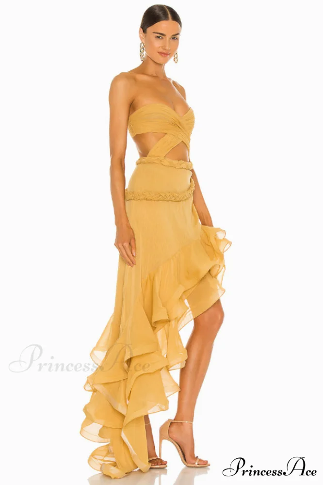 Fleur Yellow Stylish Strapless Cutout Gown - Image 4