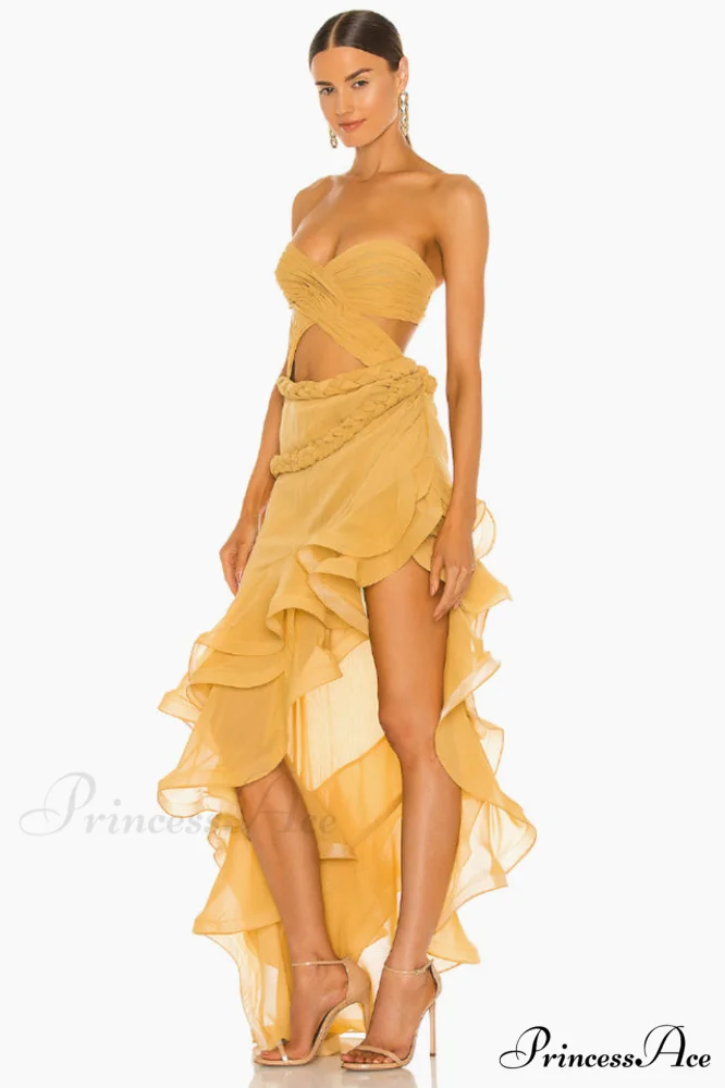 Fleur Yellow Stylish Strapless Cutout Gown - Image 5